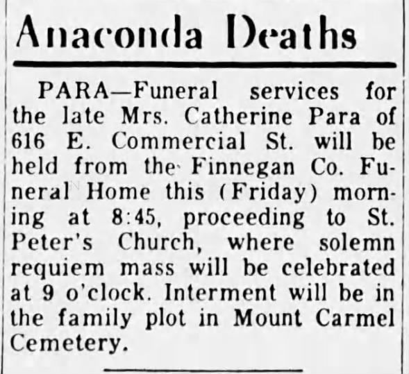 Eggen Family Tree - Catherine Para - 1955 - Funeral
